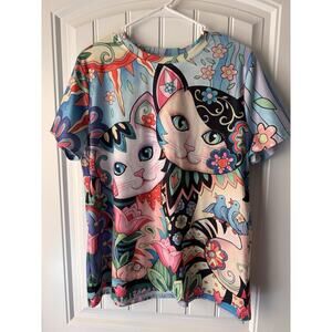 Whimsical Y2K Cat Graphic Tee Colorful Floral Art Short Sleeve Top XL